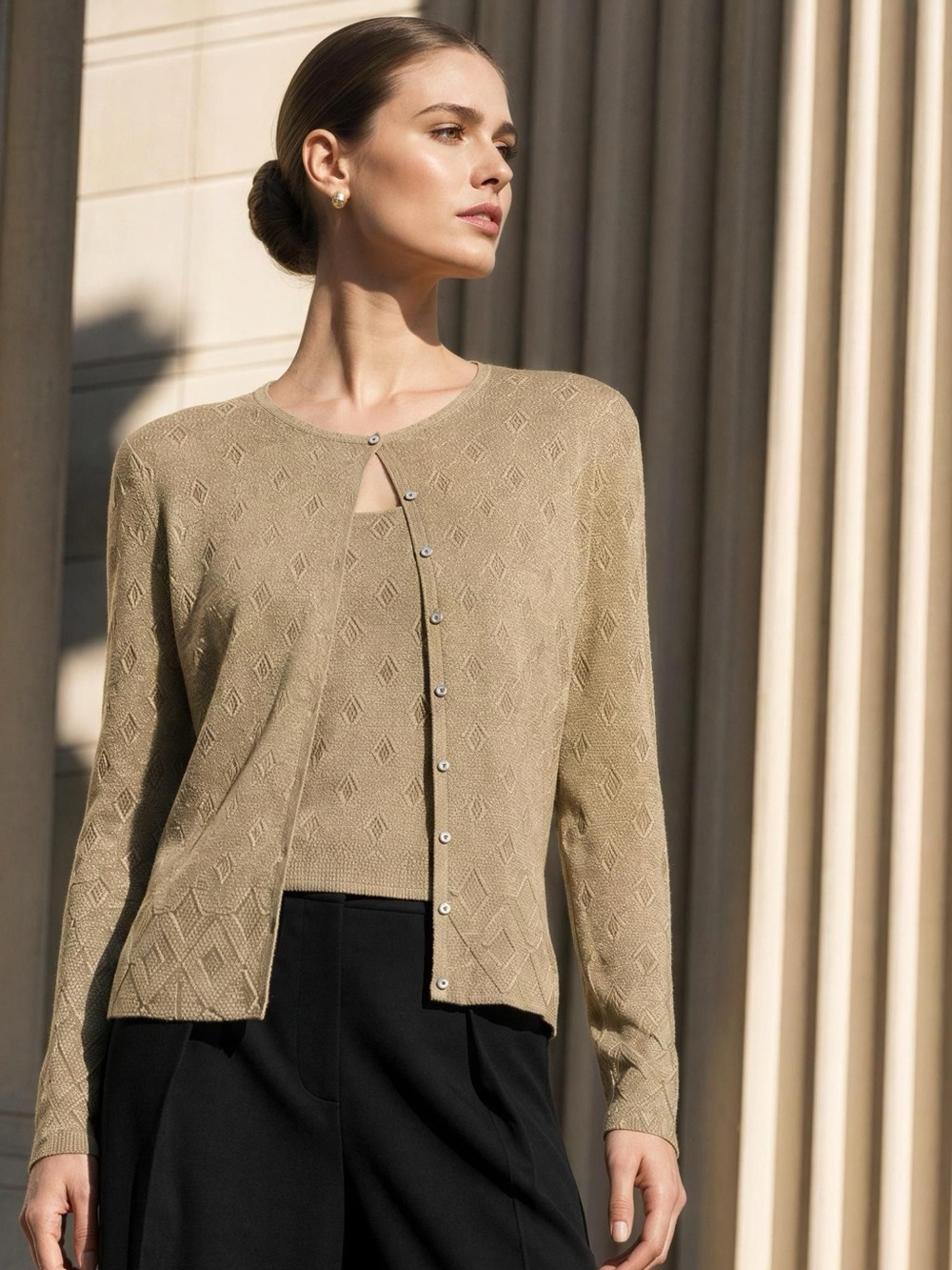 Ann Taylor Metallic Pointelle Button-Front Cardigan and Top Set